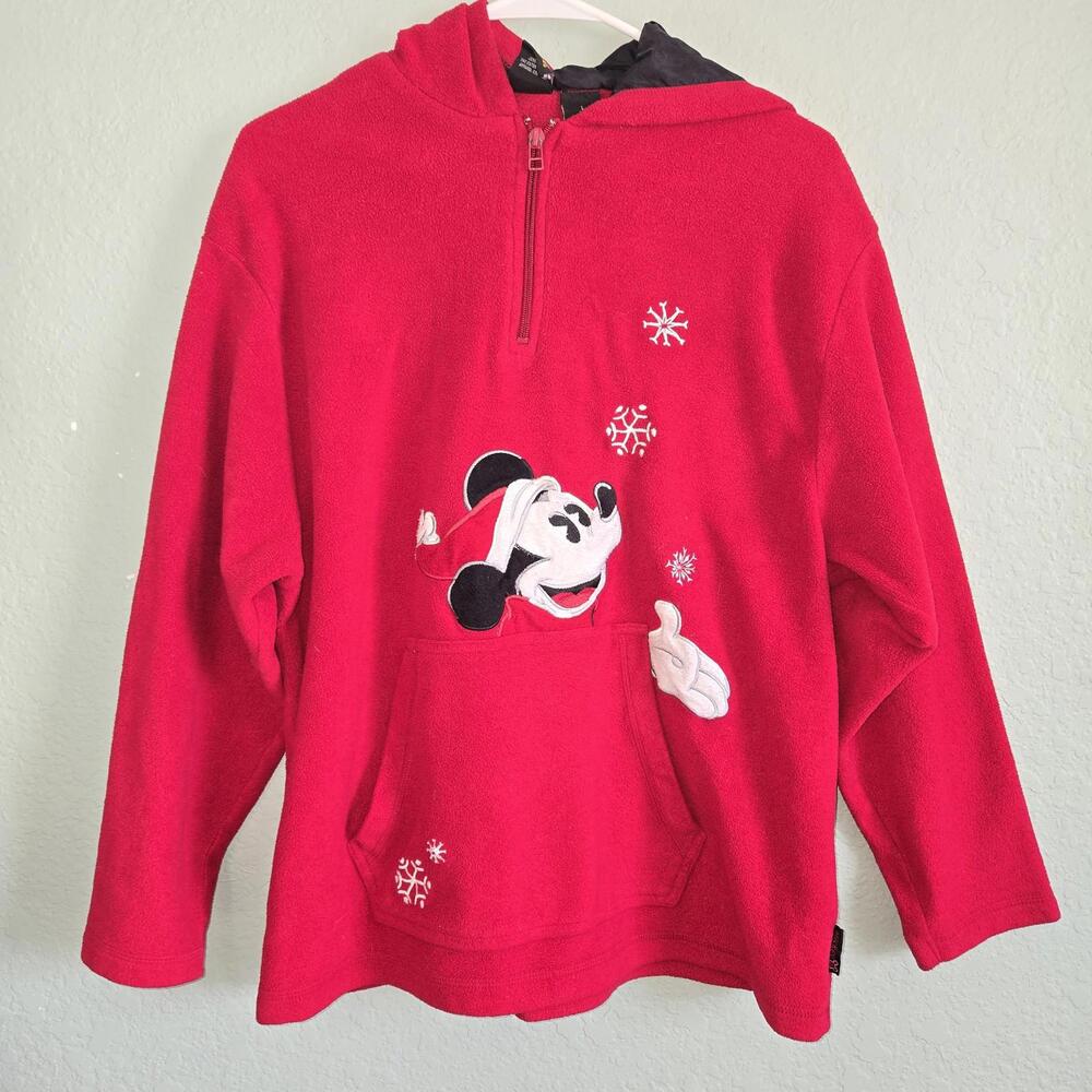 VTG Disney Mickey Unlimited L Red Christmas Mickey Mouse Snowflake Hoodie Fleece